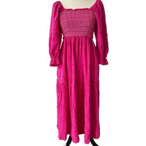 NWT Care Tucker Millie Embroidered Maxi Dress In Pink Smocked Embroidered